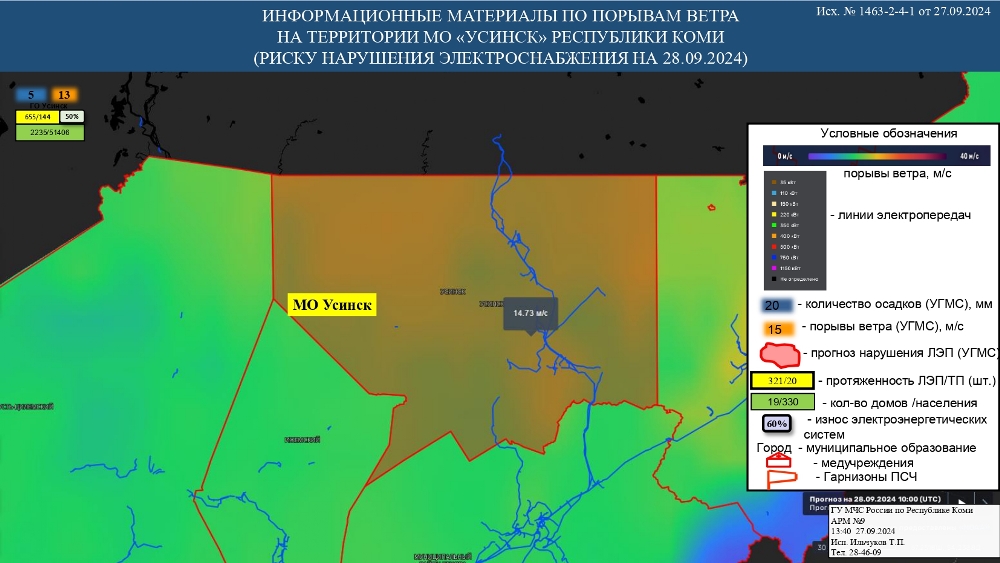 ИНФОРМАЦИОННЫЕ МАТЕРИАЛЫ ПО ПОРЫВАМ ВЕТРА НА ТЕРРИТОРИИ РЕСПУБЛИКИ КОМИ (РИСК НАРУШЕНИЯ ЭЛЕКТРОСНАБЖЕНИЯ НА 28.09.2024)