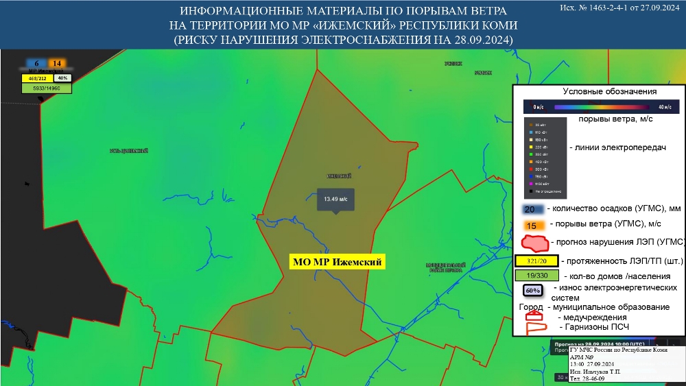 ИНФОРМАЦИОННЫЕ МАТЕРИАЛЫ ПО ПОРЫВАМ ВЕТРА НА ТЕРРИТОРИИ РЕСПУБЛИКИ КОМИ (РИСК НАРУШЕНИЯ ЭЛЕКТРОСНАБЖЕНИЯ НА 28.09.2024)