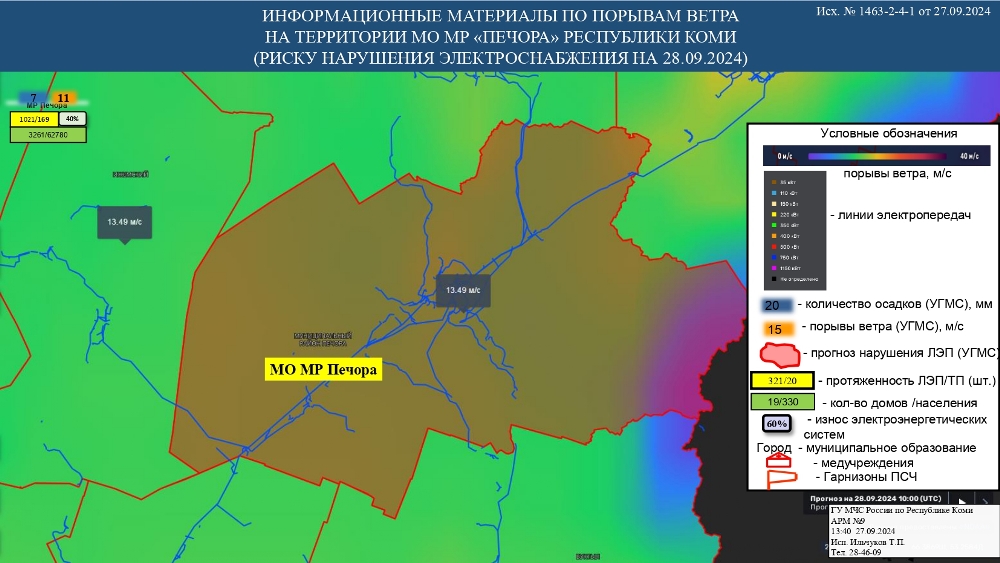 ИНФОРМАЦИОННЫЕ МАТЕРИАЛЫ ПО ПОРЫВАМ ВЕТРА НА ТЕРРИТОРИИ РЕСПУБЛИКИ КОМИ (РИСК НАРУШЕНИЯ ЭЛЕКТРОСНАБЖЕНИЯ НА 28.09.2024)