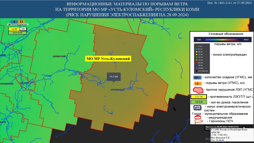 ИНФОРМАЦИОННЫЕ МАТЕРИАЛЫ ПО ПОРЫВАМ ВЕТРА НА ТЕРРИТОРИИ РЕСПУБЛИКИ КОМИ (РИСК НАРУШЕНИЯ ЭЛЕКТРОСНАБЖЕНИЯ НА 28.09.2024)