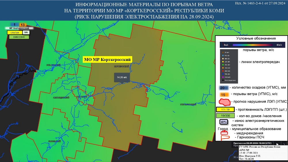 ИНФОРМАЦИОННЫЕ МАТЕРИАЛЫ ПО ПОРЫВАМ ВЕТРА НА ТЕРРИТОРИИ РЕСПУБЛИКИ КОМИ (РИСК НАРУШЕНИЯ ЭЛЕКТРОСНАБЖЕНИЯ НА 28.09.2024)