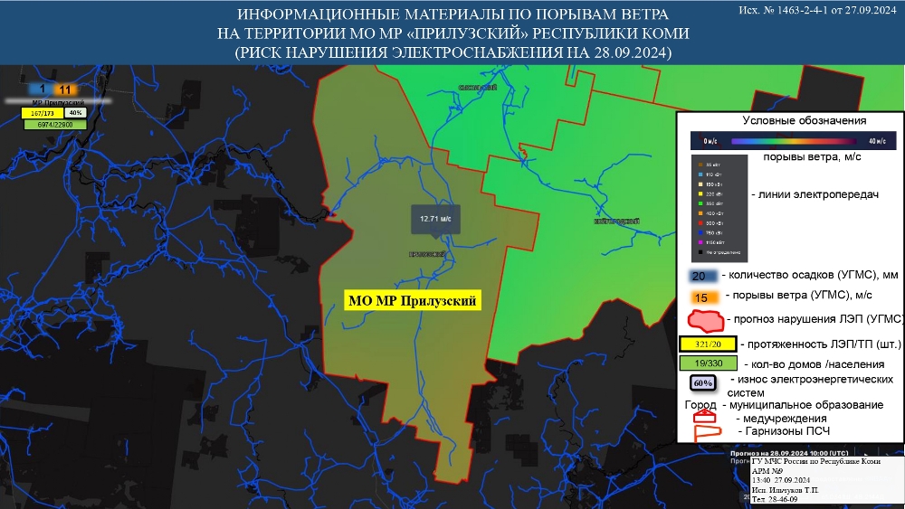 ИНФОРМАЦИОННЫЕ МАТЕРИАЛЫ ПО ПОРЫВАМ ВЕТРА НА ТЕРРИТОРИИ РЕСПУБЛИКИ КОМИ (РИСК НАРУШЕНИЯ ЭЛЕКТРОСНАБЖЕНИЯ НА 28.09.2024)