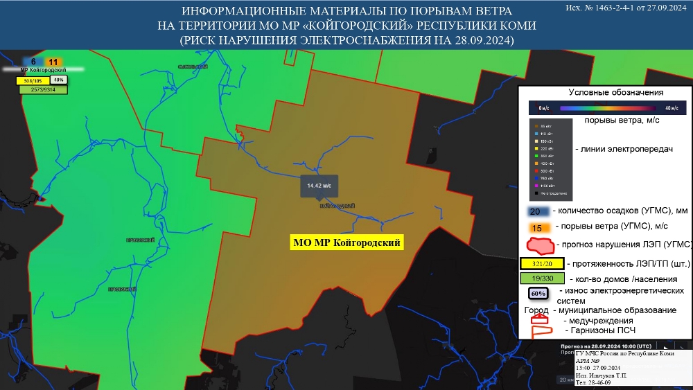 ИНФОРМАЦИОННЫЕ МАТЕРИАЛЫ ПО ПОРЫВАМ ВЕТРА НА ТЕРРИТОРИИ РЕСПУБЛИКИ КОМИ (РИСК НАРУШЕНИЯ ЭЛЕКТРОСНАБЖЕНИЯ НА 28.09.2024)