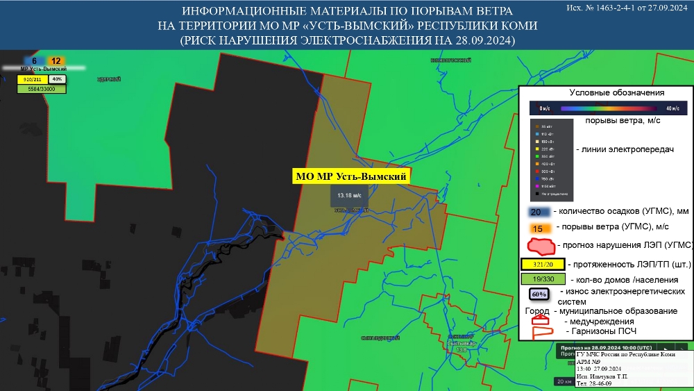 ИНФОРМАЦИОННЫЕ МАТЕРИАЛЫ ПО ПОРЫВАМ ВЕТРА НА ТЕРРИТОРИИ РЕСПУБЛИКИ КОМИ (РИСК НАРУШЕНИЯ ЭЛЕКТРОСНАБЖЕНИЯ НА 28.09.2024)